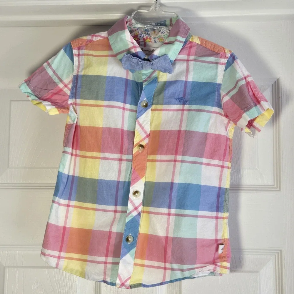 Tommy Bahama Boy's Plaid Button‎ Down Shirt With Bow Tie Size 3t Cotton